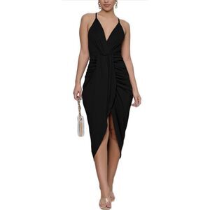 NEW LYANER V Neck Ruched Wrap Slit Spaghetti Strap Midi Dress S